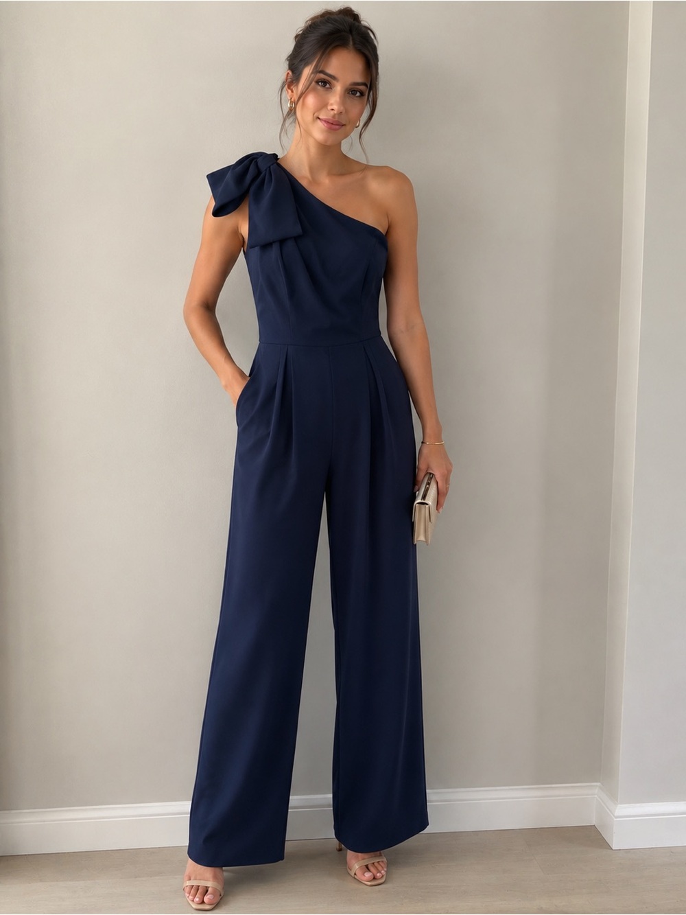 Gal Meets Glam Navy One-Shoulder Wide-Leg Jumpsuit with Bow